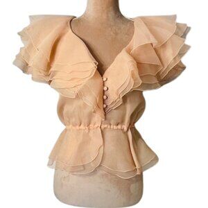 Vintage Ethereal Organza Tiered Ruffle Collar Sheer Blouse Flutter Sleeve XS/S